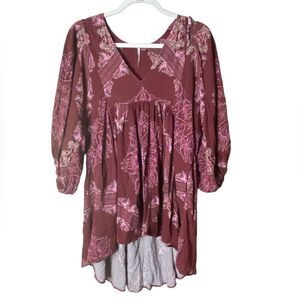 Free People Sz Sm Maroon Floral Girl Talk Printed Oversized Tunic Top Blouse
